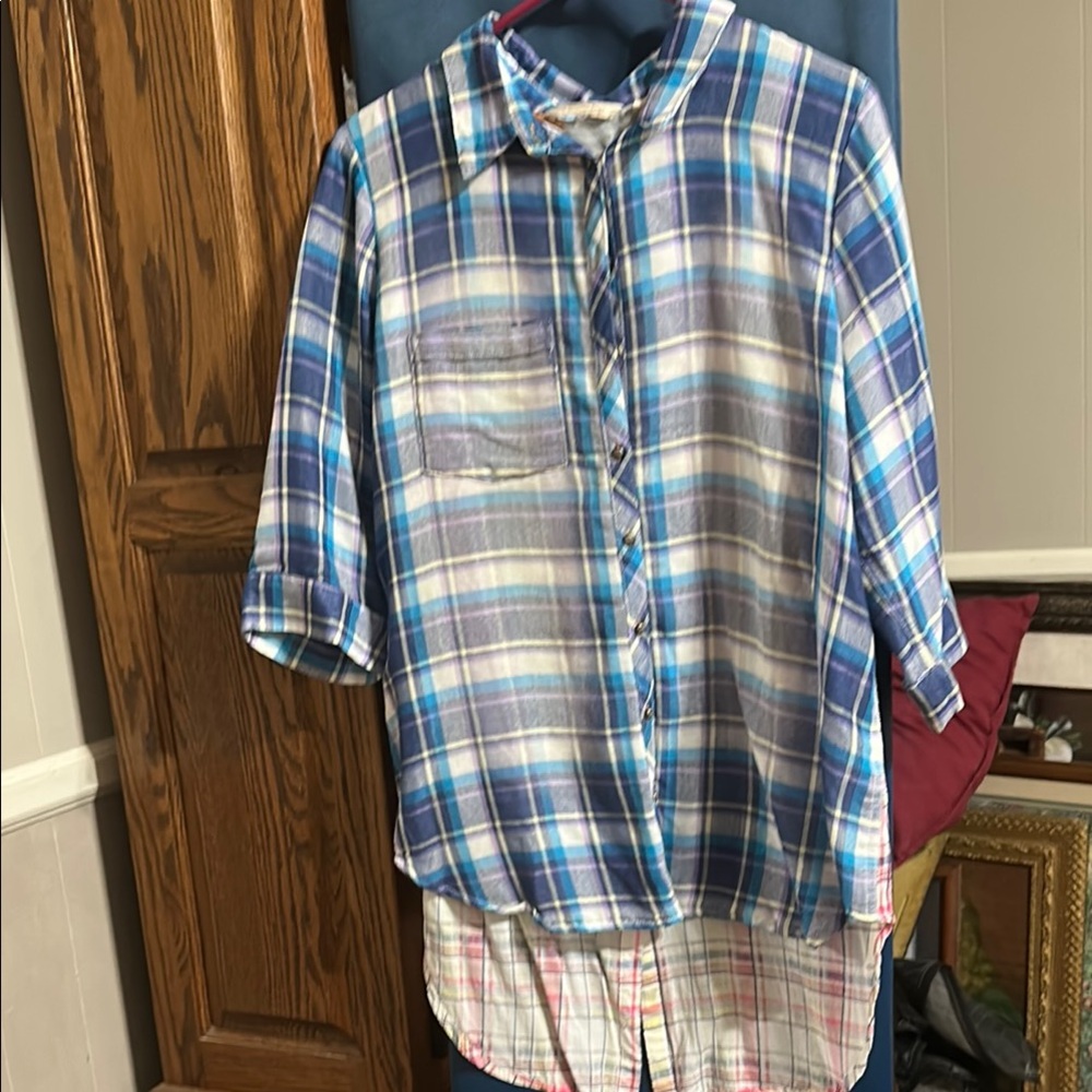 Soft Surroundings Blue Plaid Button-Up Blouse
